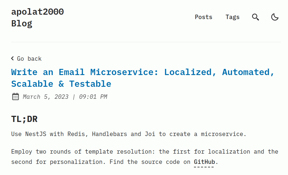 A screenshot of the technical blog of Ahmet Polat.